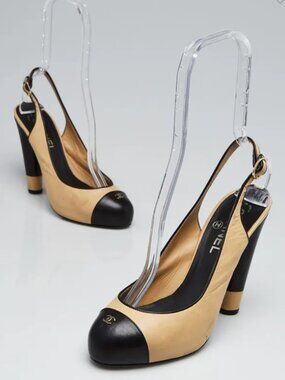 CHANEL Beige and Black Slingback Pumps with Gold CC
